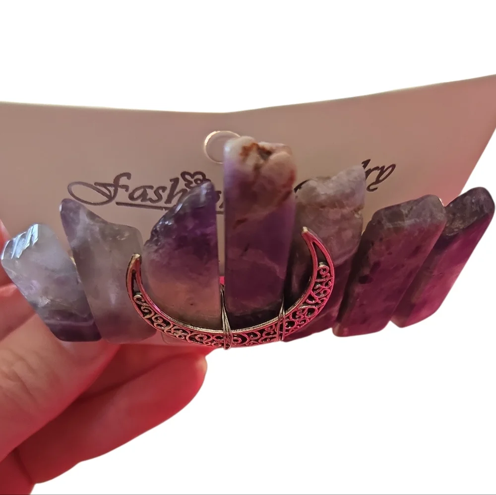 Natural Amethyst Hair Clip with Crescent Moon Design